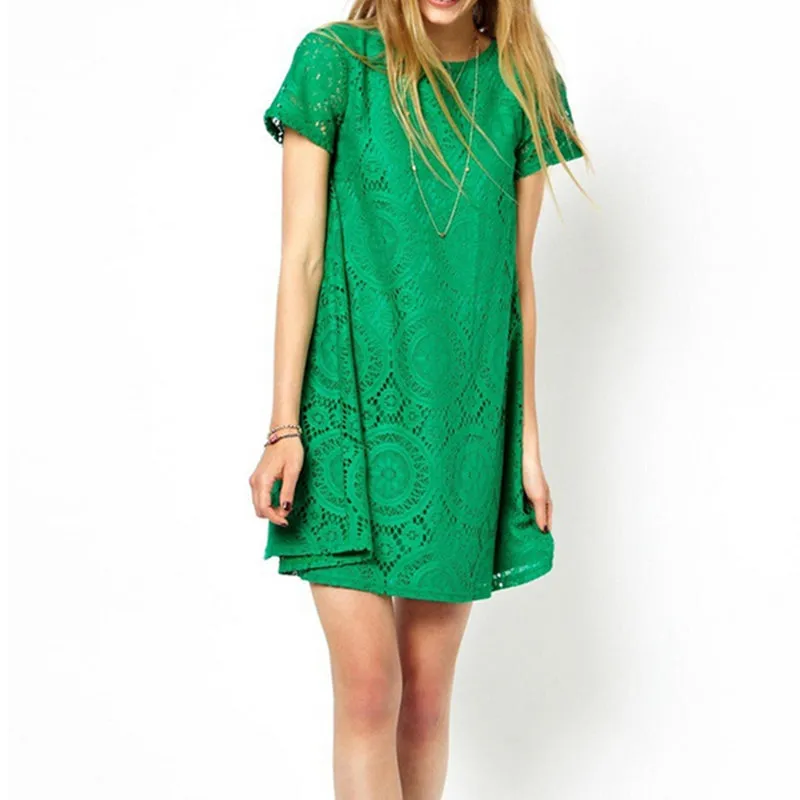 Short Sleeve A-Line Hollow Out Lace Dress  Multiple Colors