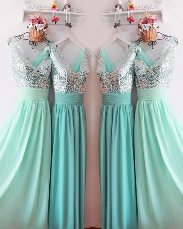 Silver Sequins Mint Chiffon Bridesmaid Dresses Ruffles V-Neck Floor Length