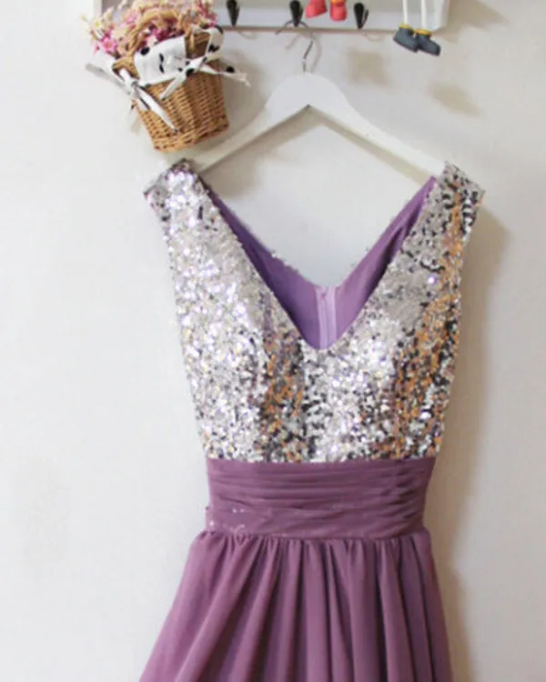Silver Sequins Purple Chiffon Bridesmaid Dresses Ruffles V-Neck Floor Length