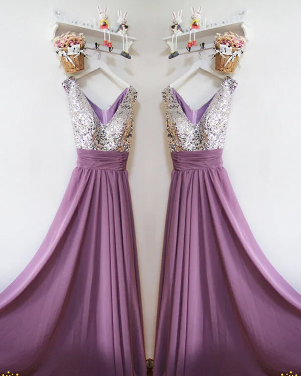 Silver Sequins Purple Chiffon Bridesmaid Dresses Ruffles V-Neck Floor Length