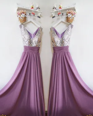 Silver Sequins Purple Chiffon Bridesmaid Dresses Ruffles V-Neck Floor Length