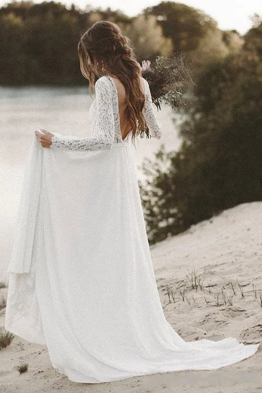 Simple Long Sleeves A-line Wedding Dress with Lace And V-neck-715639