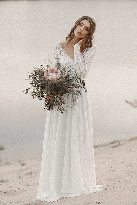 Simple Long Sleeves A-line Wedding Dress with Lace And V-neck-715639