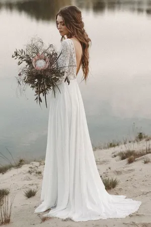 Simple Long Sleeves A-line Wedding Dress with Lace And V-neck-715639