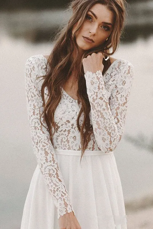 Simple Long Sleeves A-line Wedding Dress with Lace And V-neck-715639