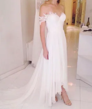Simple off shoulder lace prom dress, lace evening dress
