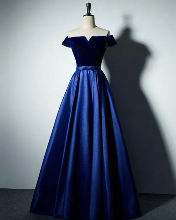 Simple Off The Shoulder Satin Velvet Long Prom Dresses A-line Floor Length Pageant Party Gowns