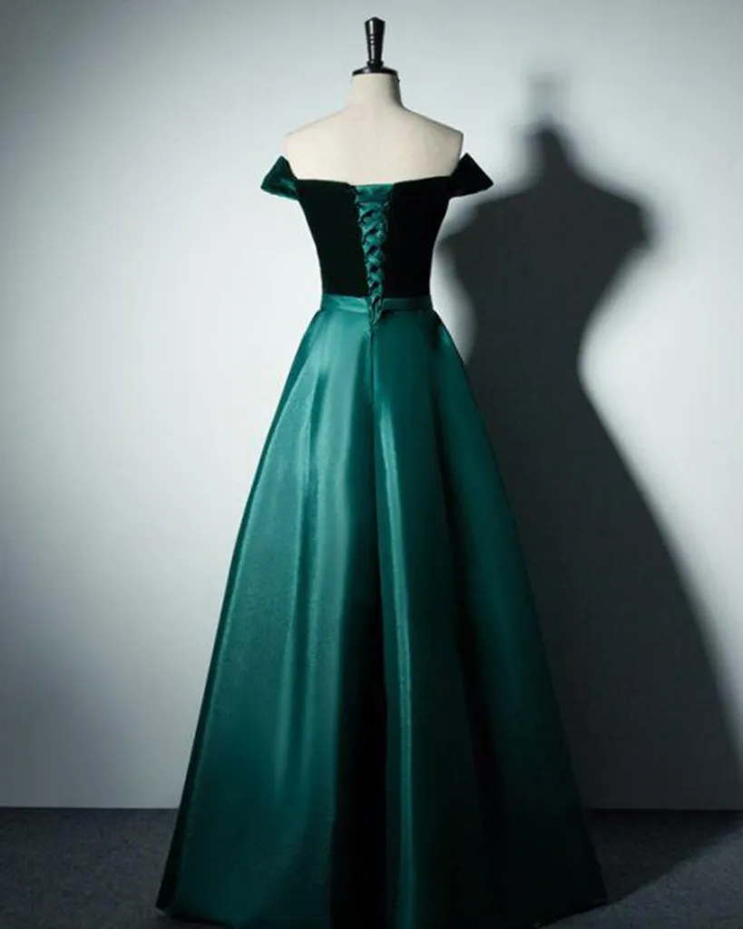 Simple Off The Shoulder Satin Velvet Long Prom Dresses A-line Floor Length Pageant Party Gowns