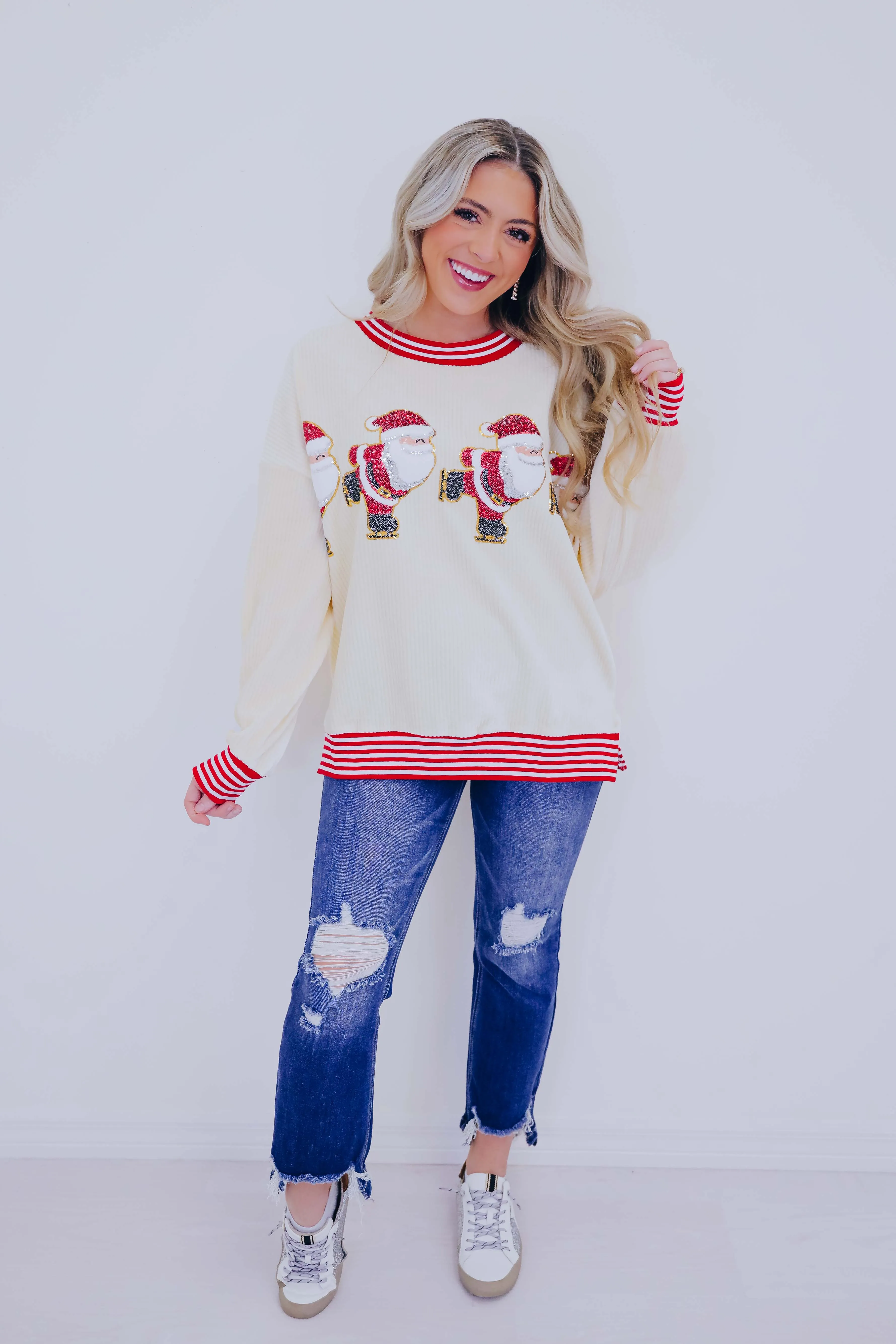 Skating Santa Sequin Patch Oversized Top
