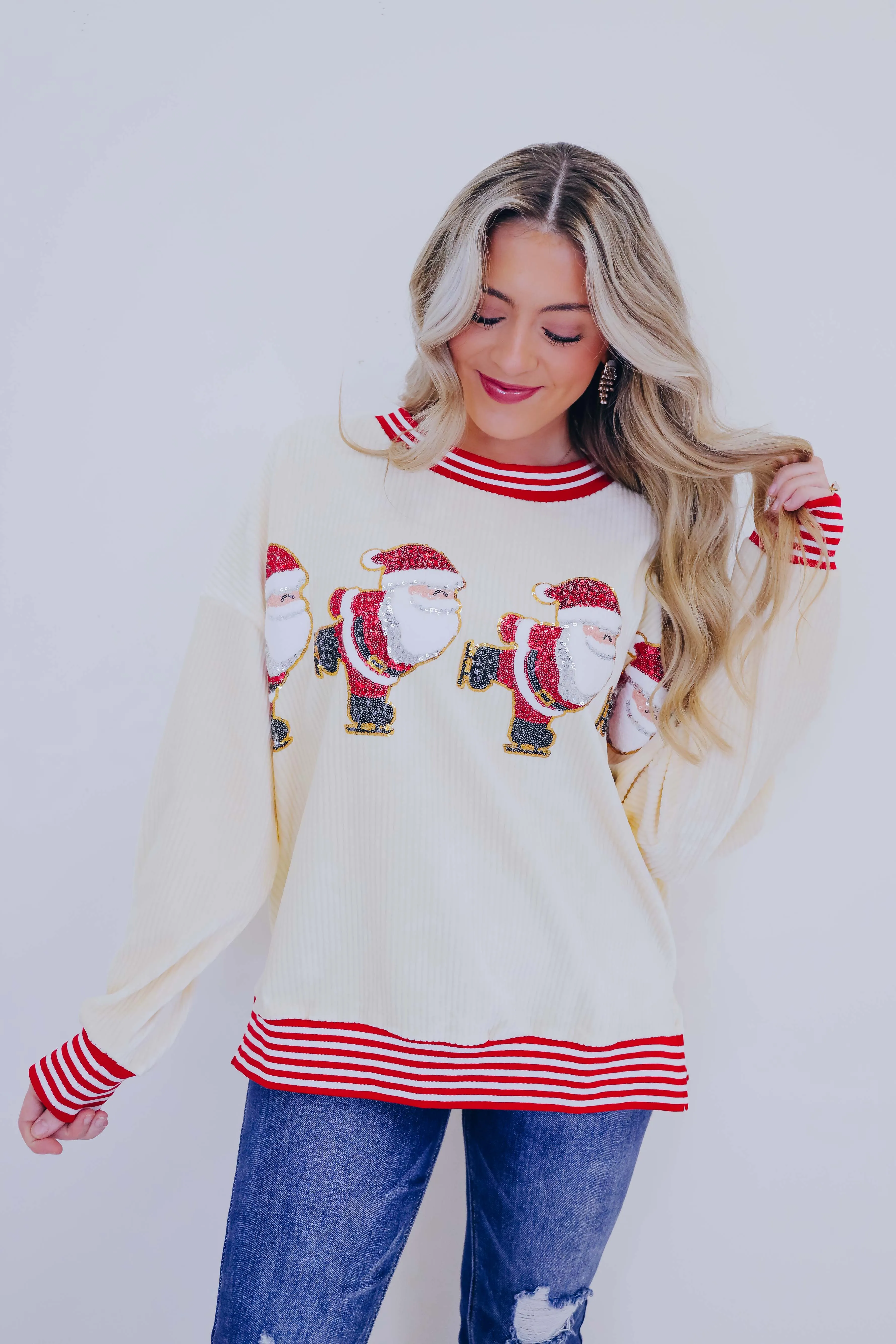 Skating Santa Sequin Patch Oversized Top