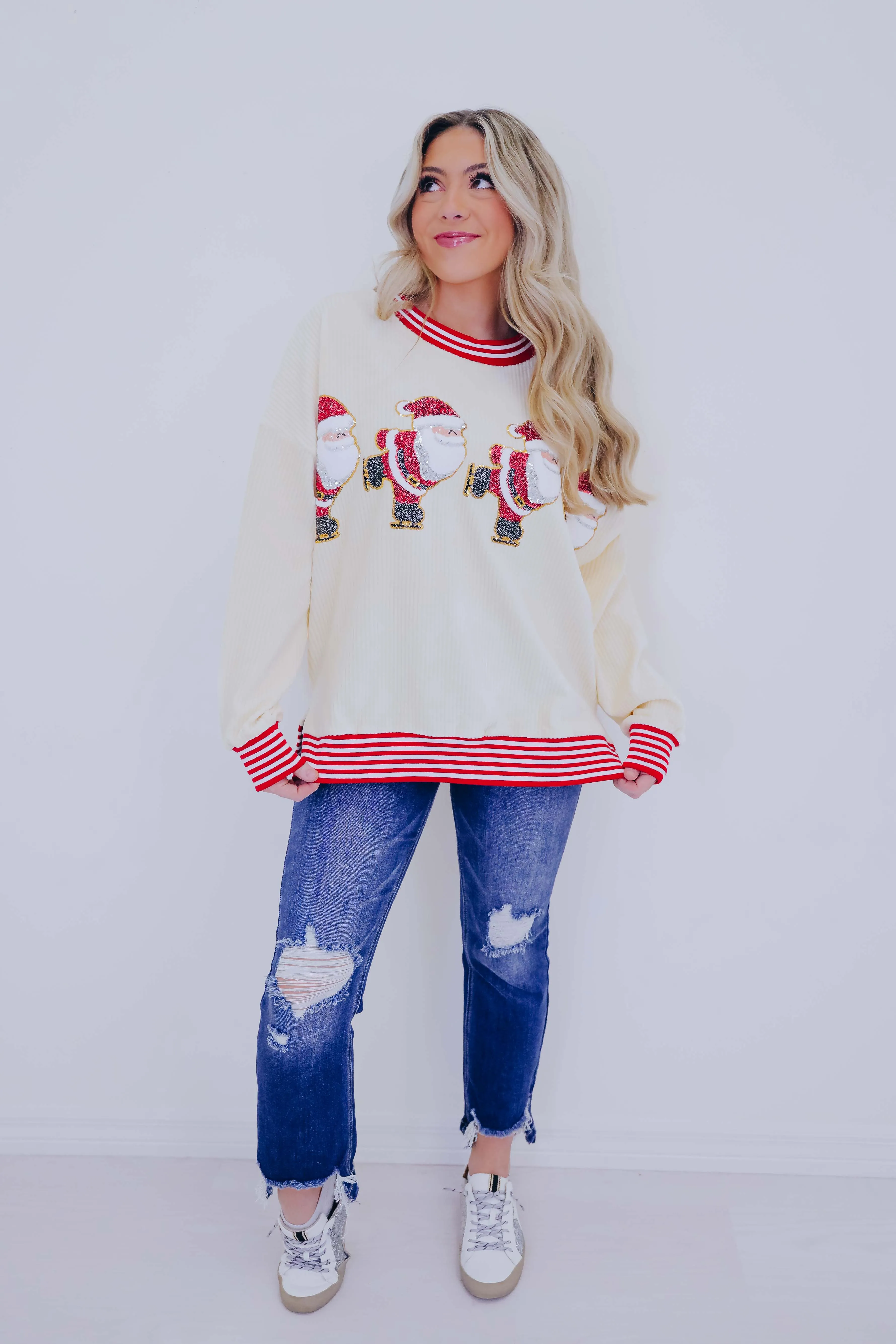 Skating Santa Sequin Patch Oversized Top