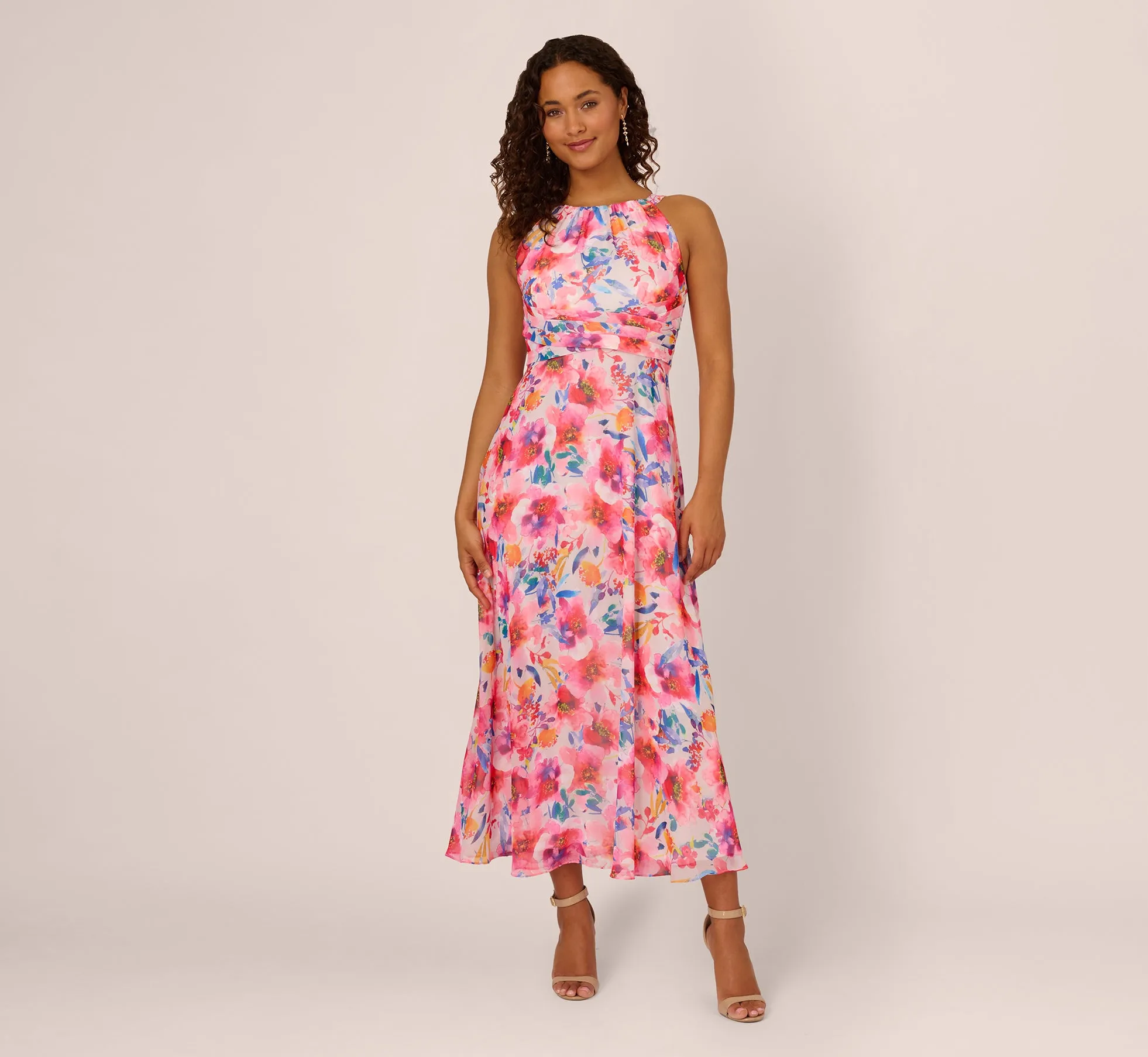 Sleeveless Floral Chiffon Halter Dress With Tie Waist In Ivory Multi