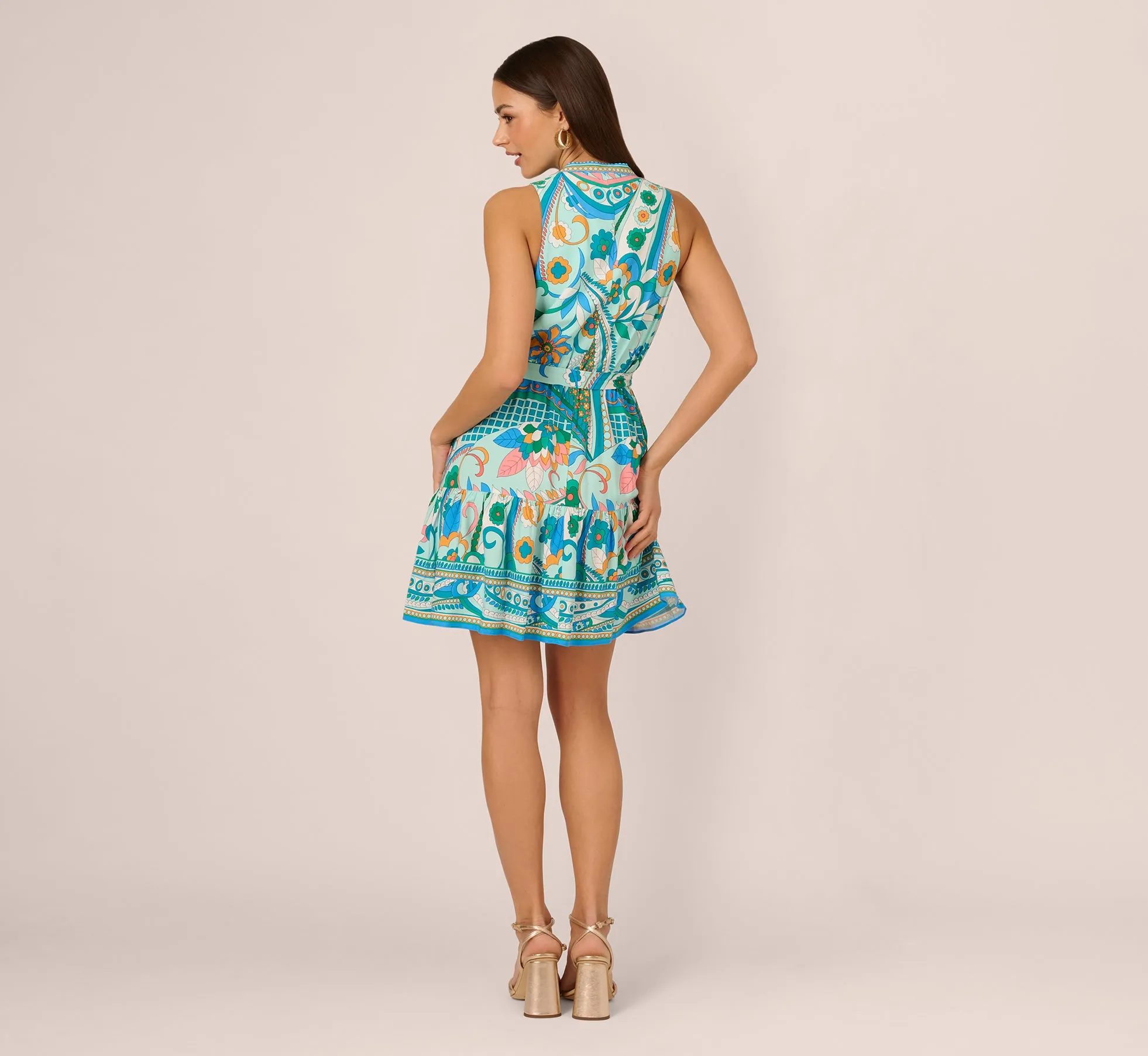 Sleeveless Retro Printed Short Sundress In Mint Multi