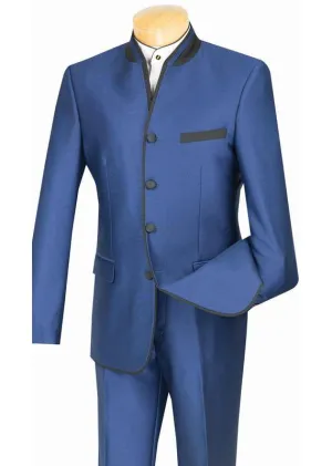 Slim Fit Banded Collar Shiny Sharkskin 2 Piece Suit (Blue) S4HT-1