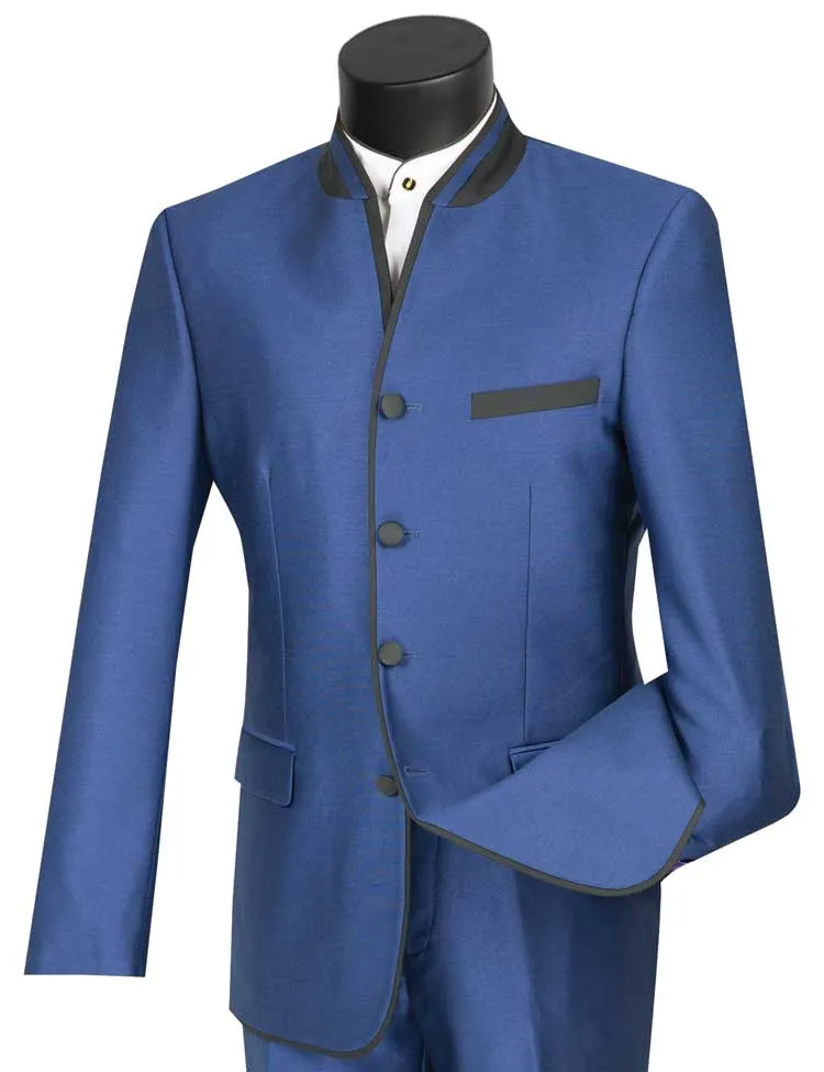 Slim Fit Banded Collar Shiny Sharkskin 2 Piece Suit (Blue) S4HT-1