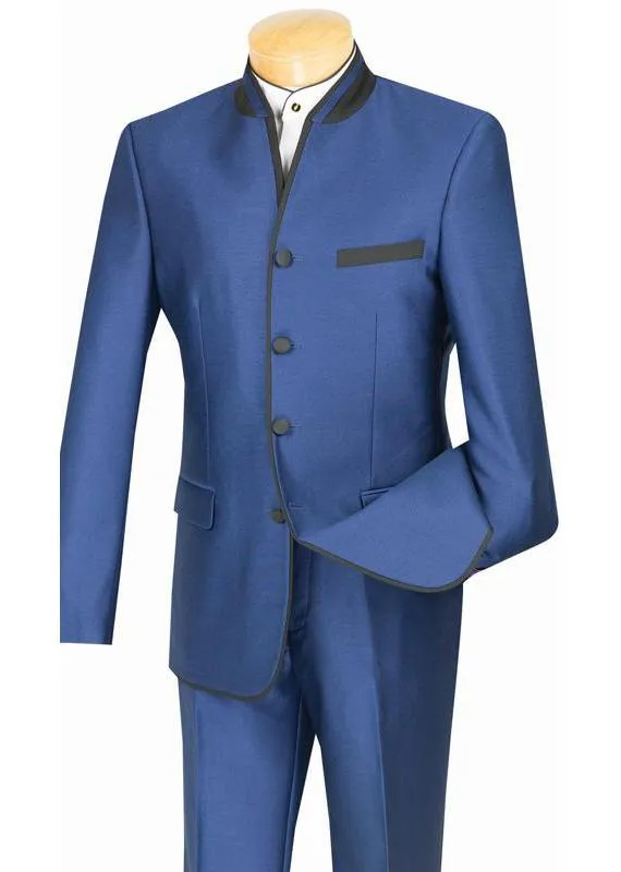 Slim Fit Banded Collar Shiny Sharkskin 2 Piece Suit (Blue) S4HT-1