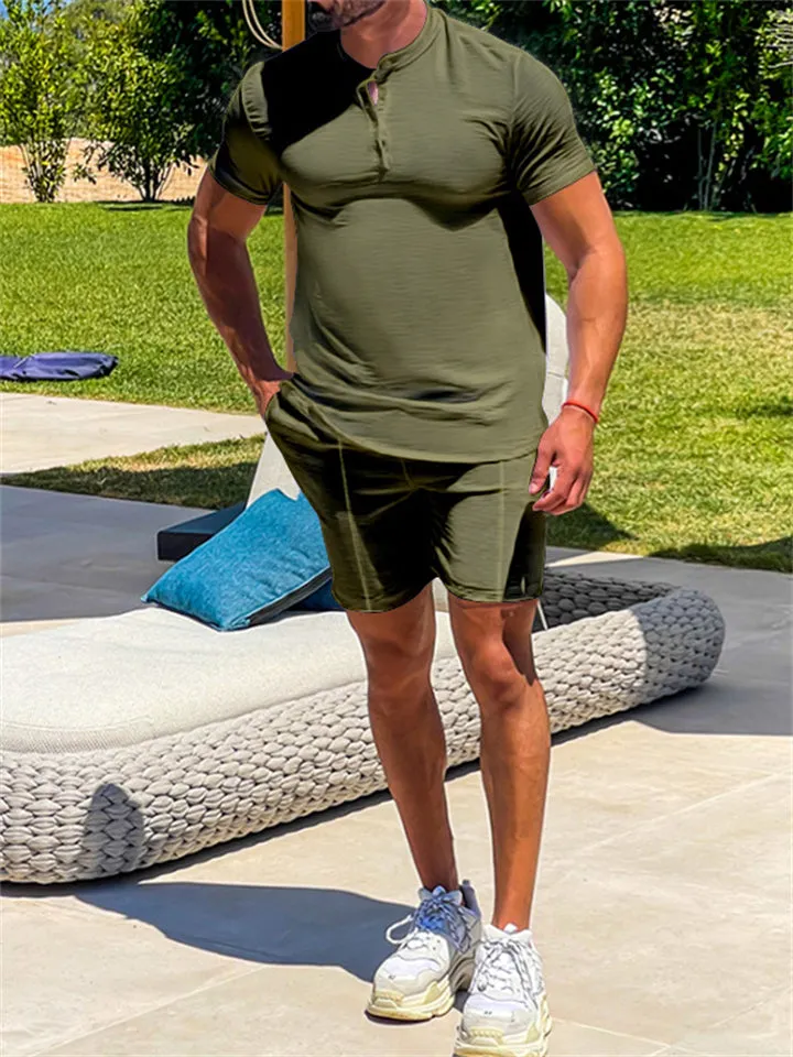Slim Fit Leisure Henley Short-sleeved 2 Pieces Sets for Men