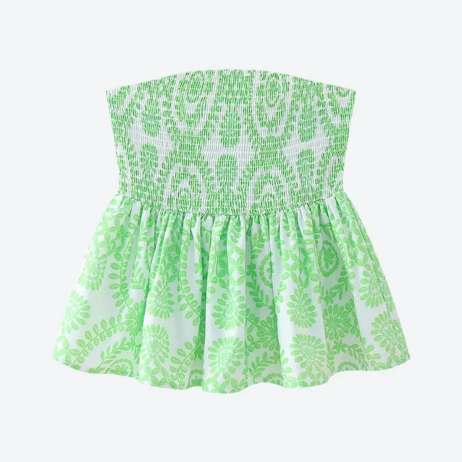 Smocked Floral Embroidered Peplum Tops