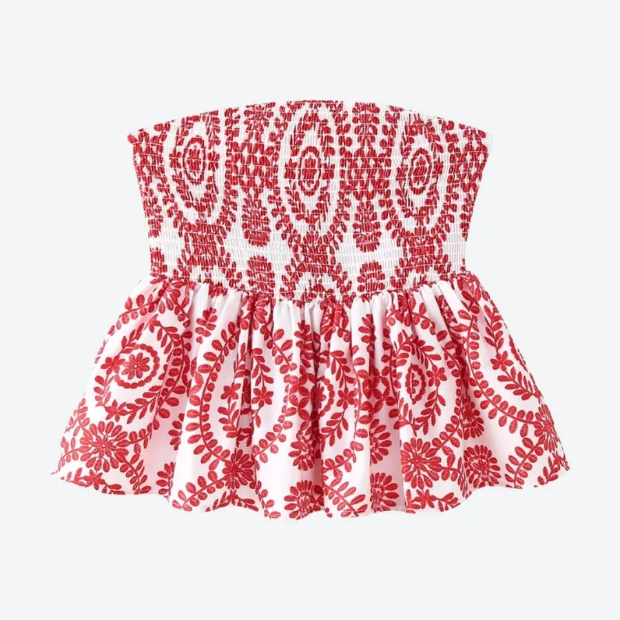 Smocked Floral Embroidered Peplum Tops