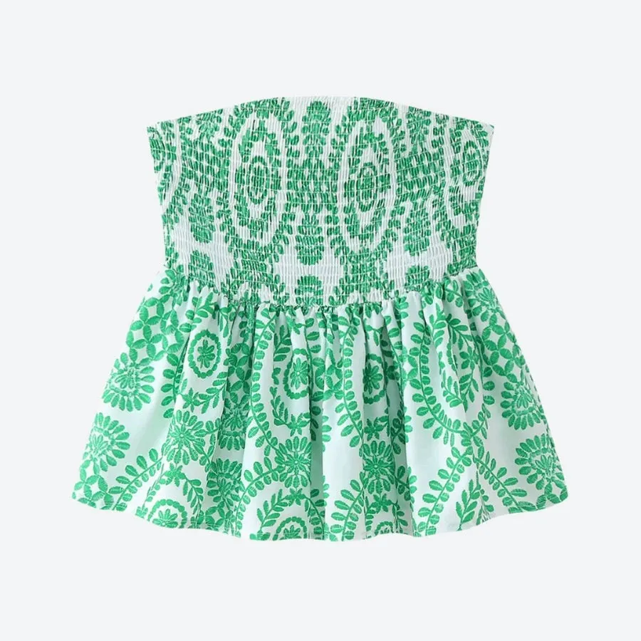 Smocked Floral Embroidered Peplum Tops