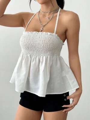 Smocked Frill Halter Neck Cami S-XL