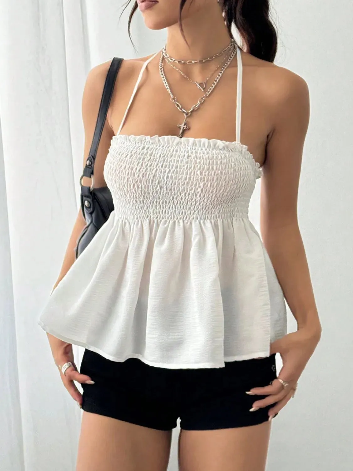 Smocked Frill Halter Neck Cami S-XL