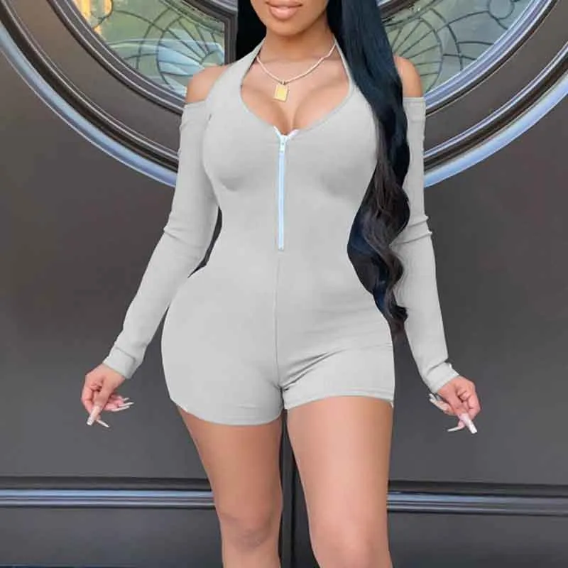 Solid Cold Shoulder Long Sleeve Romper