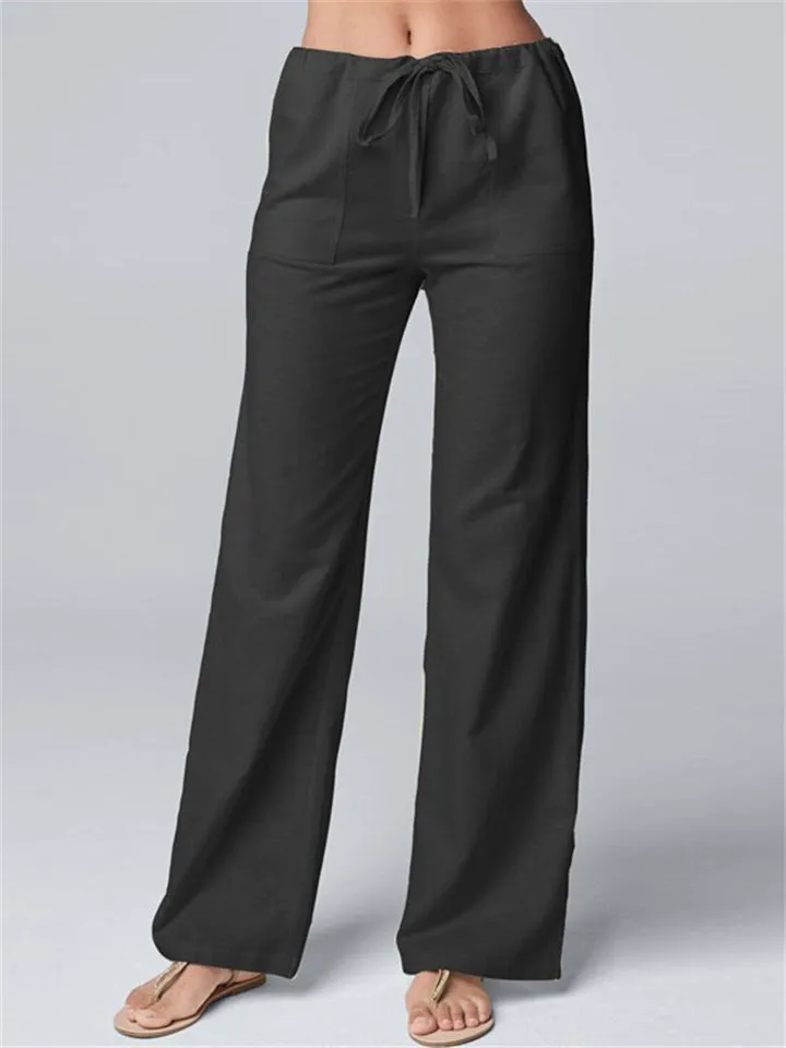 Solid Color Cotton Linen Drawstring Soft Straight Leg Female Pants