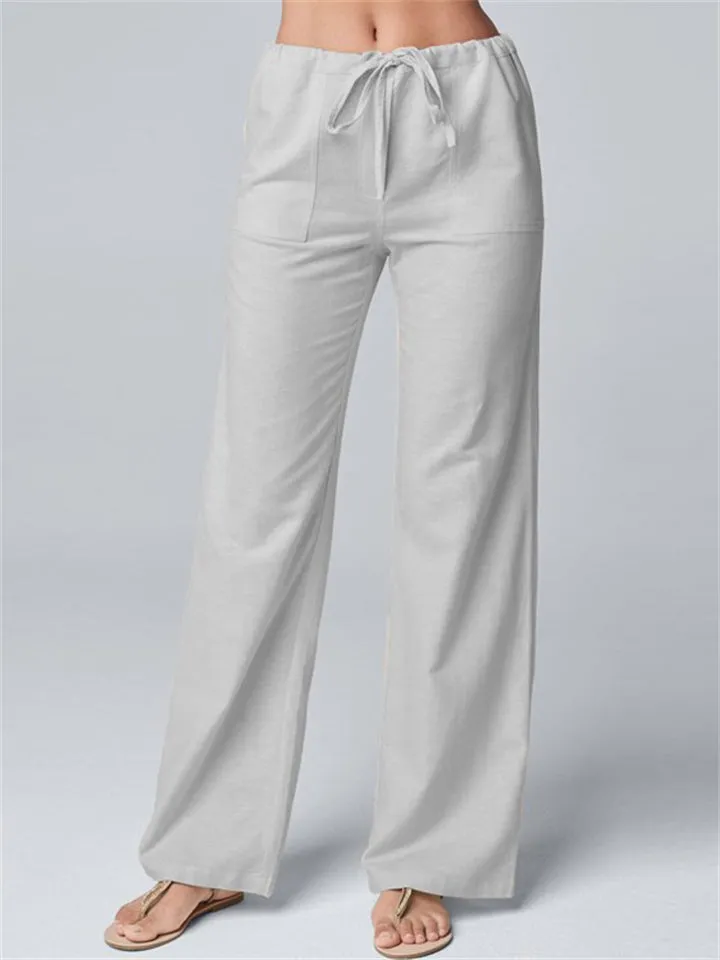 Solid Color Cotton Linen Drawstring Soft Straight Leg Female Pants