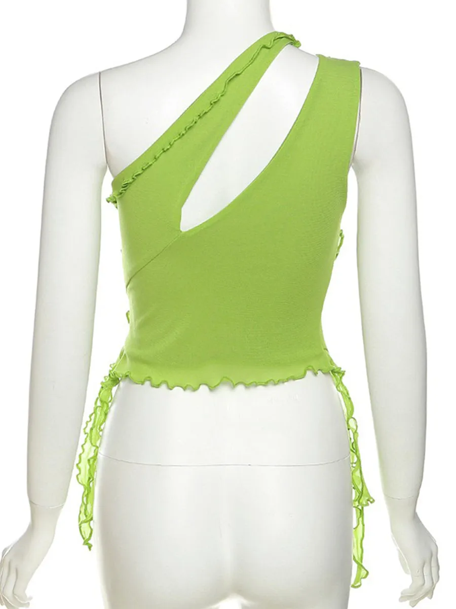 Solid Color Irregular Cutout One-Shoulder Top