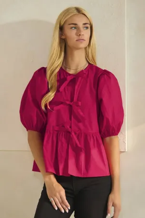 Solid Cotton Poplin Front Tie Ribbon Blouse