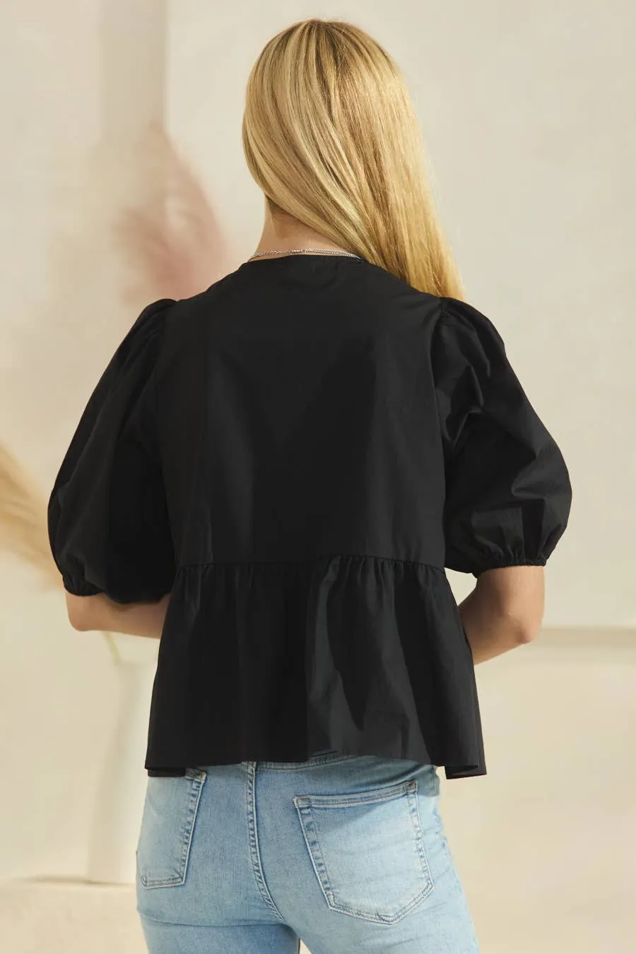 Solid Cotton Poplin Front Tie Ribbon Blouse