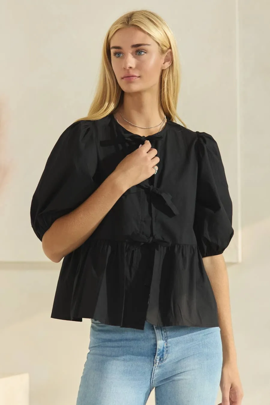 Solid Cotton Poplin Front Tie Ribbon Blouse