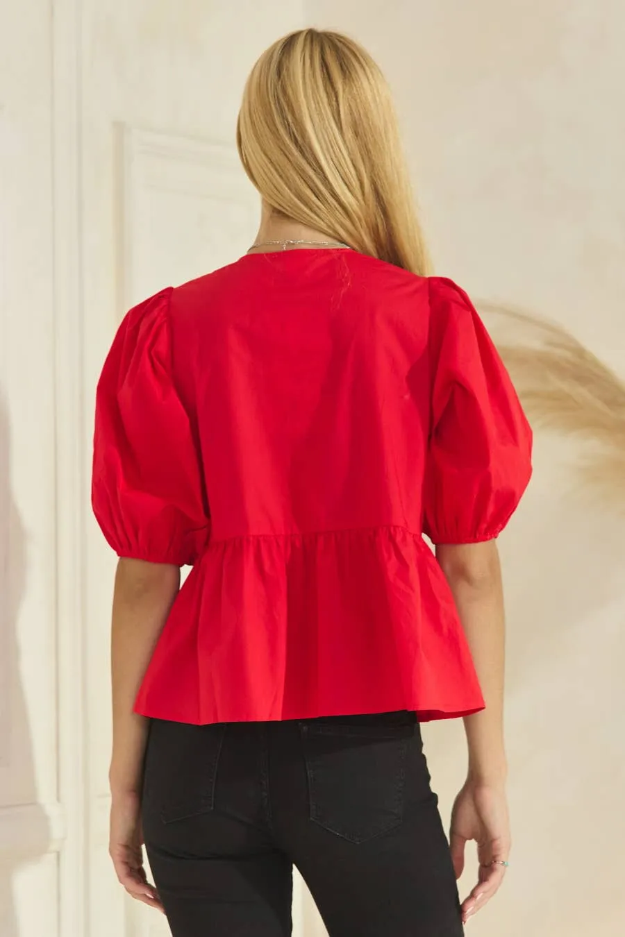 Solid Cotton Poplin Front Tie Ribbon Blouse