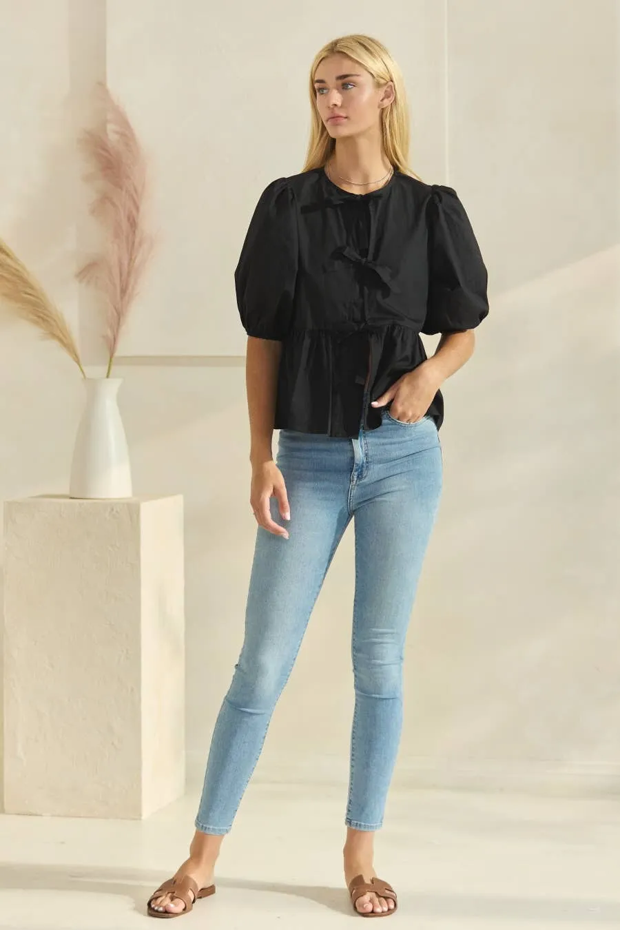 Solid Cotton Poplin Front Tie Ribbon Blouse