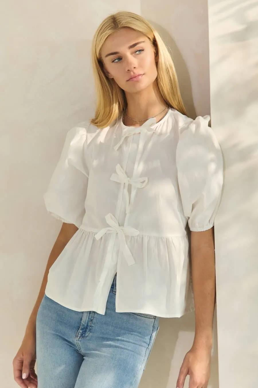 Solid Cotton Poplin Front Tie Ribbon Blouse