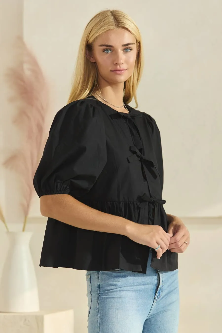 Solid Cotton Poplin Front Tie Ribbon Blouse