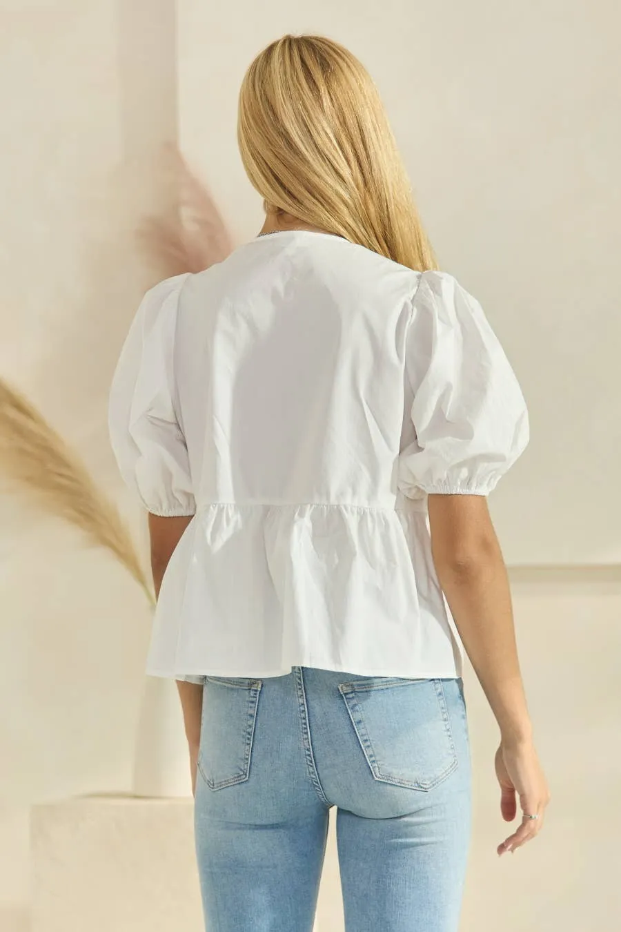Solid Cotton Poplin Front Tie Ribbon Blouse