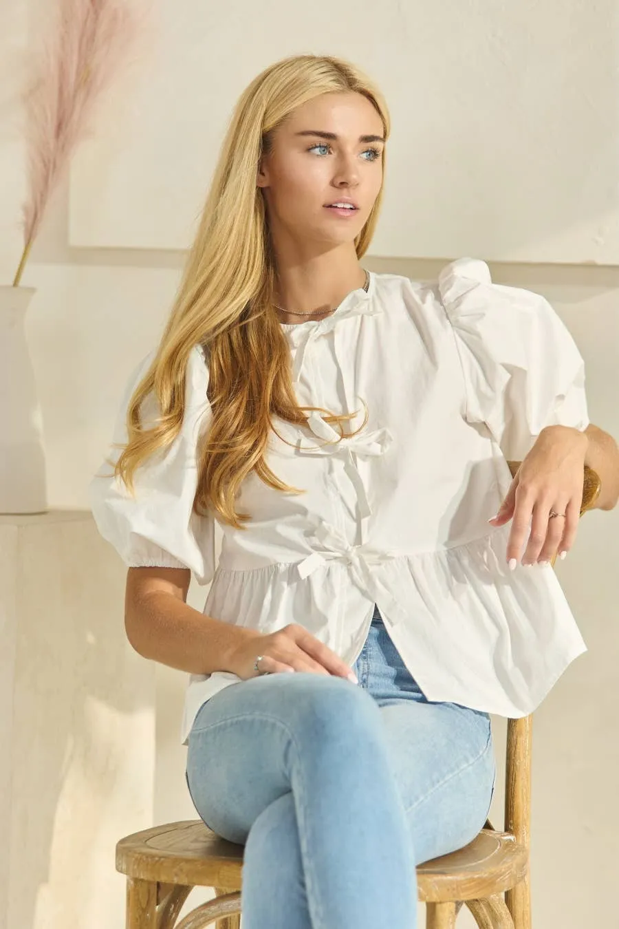 Solid Cotton Poplin Front Tie Ribbon Blouse