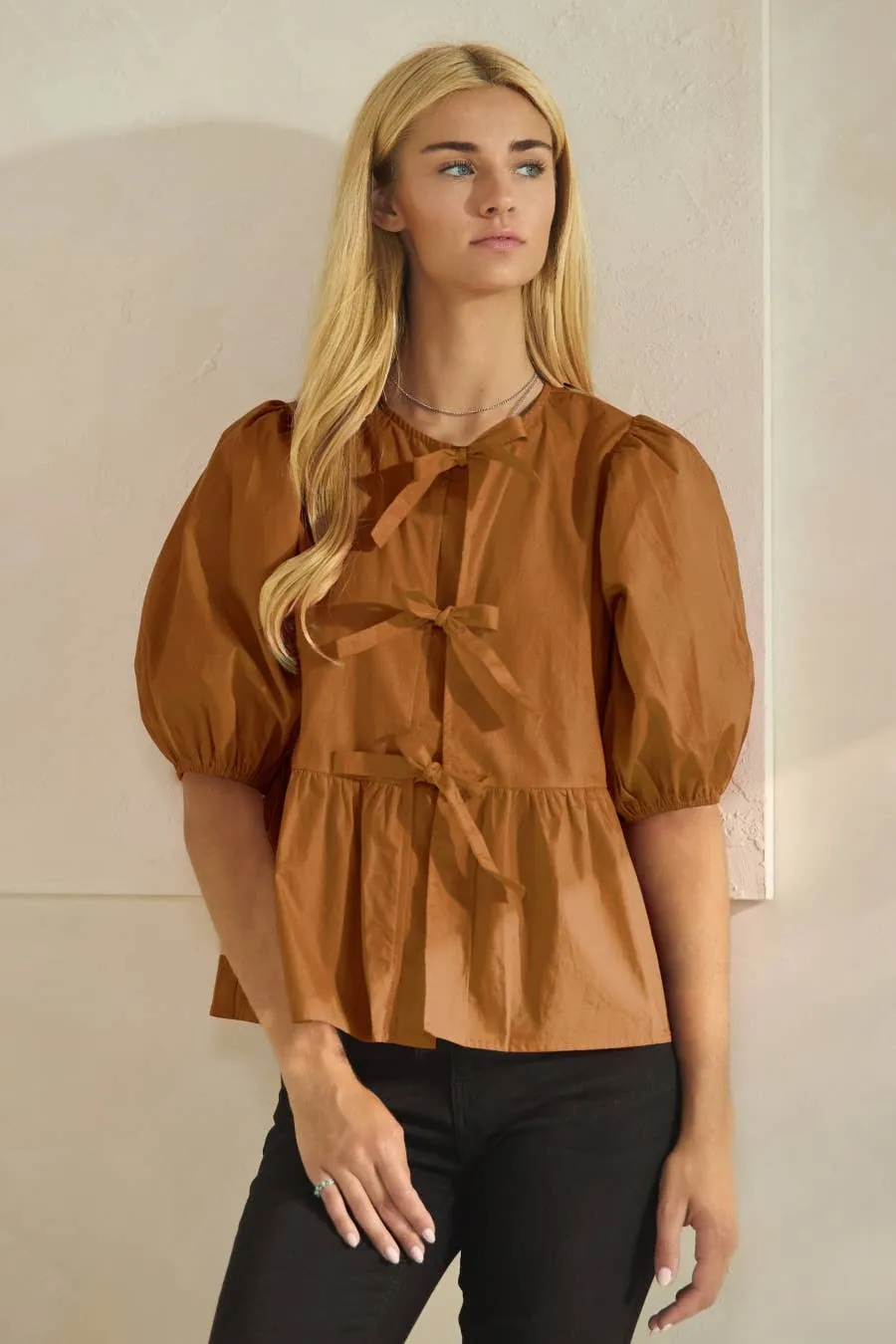 Solid Cotton Poplin Front Tie Ribbon Blouse