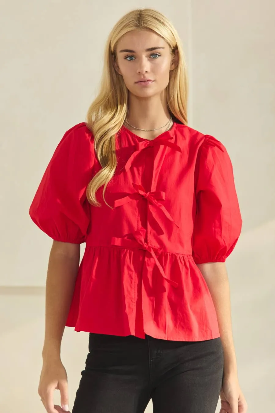 Solid Cotton Poplin Front Tie Ribbon Blouse