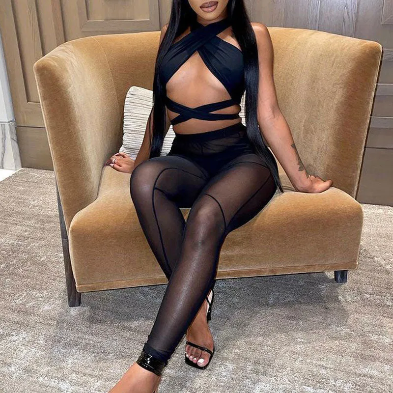 Solid Halter Bandage Top & Sheer Mesh Pants Set