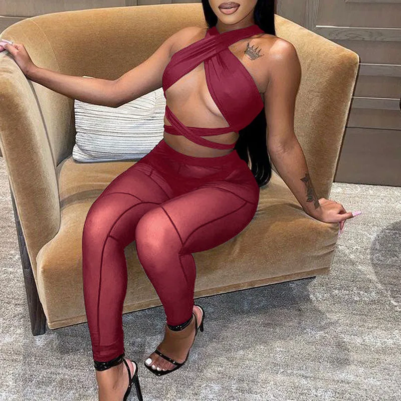 Solid Halter Bandage Top & Sheer Mesh Pants Set
