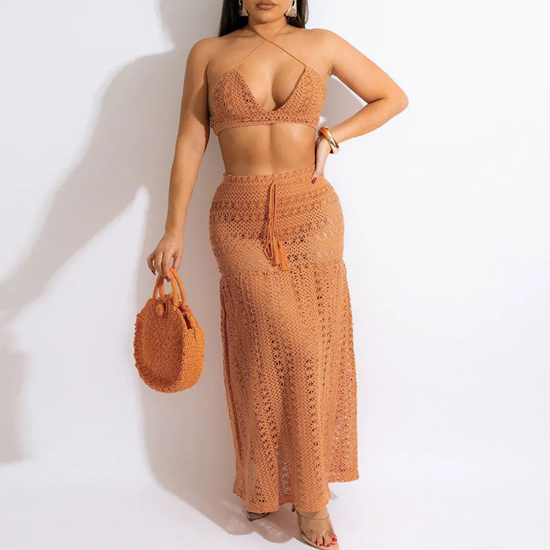 Solid Halter Tube Top & Hollow Out Mesh Skirt Set