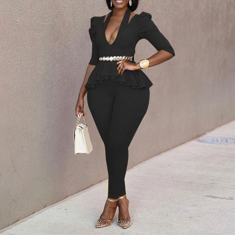 Solid Long Sleeve Halter Ruffle Design Top & Pants Set