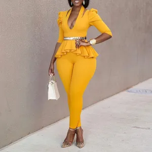 Solid Long Sleeve Halter Ruffle Design Top & Pants Set