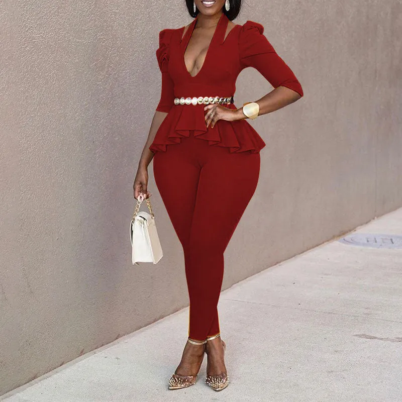 Solid Long Sleeve Halter Ruffle Design Top & Pants Set