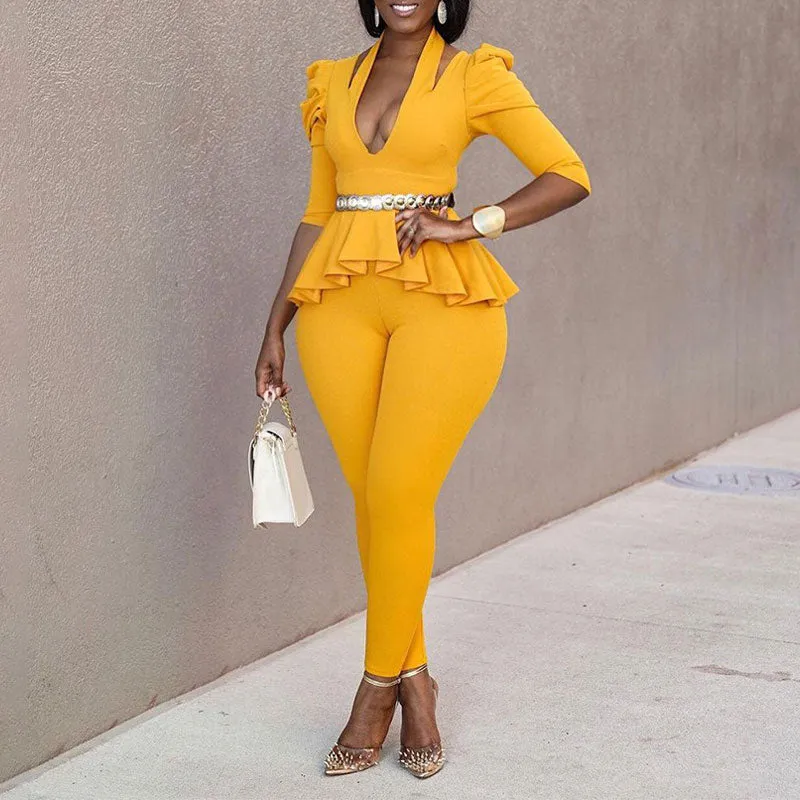 Solid Long Sleeve Halter Ruffle Design Top & Pants Set