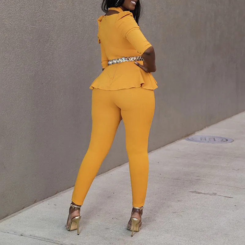 Solid Long Sleeve Halter Ruffle Design Top & Pants Set