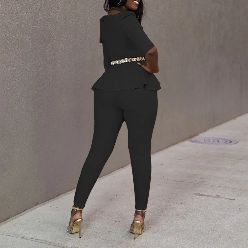 Solid Long Sleeve Halter Ruffle Design Top & Pants Set